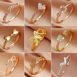 Bagues En Cuivre À La Mode Pour Femmes Zircon Anneau Ouvert Réglable Design Cœur Papillon Note De Musique Bijoux Minimalistes