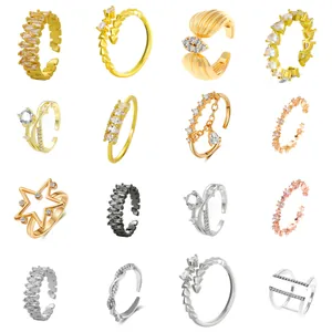 Collection of minimalist zircon inlaid adjustable rings in gold silver and rose gold finishes