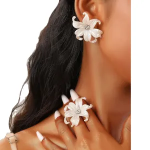 Elegant white lily flower earring and ring set with pearl luster finish for women