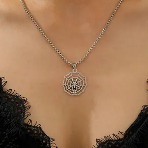 Gothic silver spider web necklace with skull detail on a delicate box chain