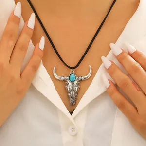 Western Cowboy Bull Head Skull Cross Pendant Necklace Retro Ethnic Bohemian Alloy Artificial Turquoise Cord Necklace For Women Jewelry