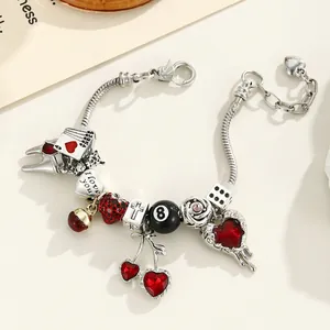 Bracelet à breloques DIY avec pendentif cœur, carte à jouer et billard noir argenté
