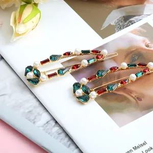 Vintage Gold Alloy Hair Clip Set Emerald Red Rhinestone Inlaid Artificial Pearl Geometric One-Word Clip For Women Party Jewelry