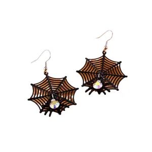 Gothic spider web earrings with orange stripes and iridescent rhinestones for Halloween