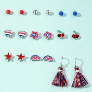 Independence Day red white and blue 7-pair earring set featuring tassels and star motifs