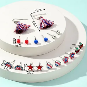 Independence Day earring set with red white and blue tassels and festive stud earrings