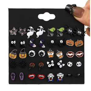 20 pairs of Halloween stud earrings set featuring ghost pumpkin and bat cartoon designs