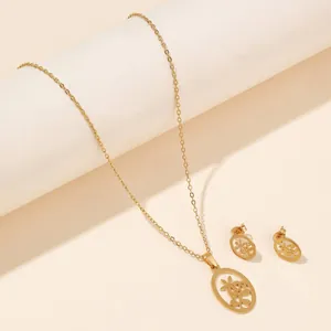 Detail view of gold-tone titanium necklace and floral earrings set on a white stand