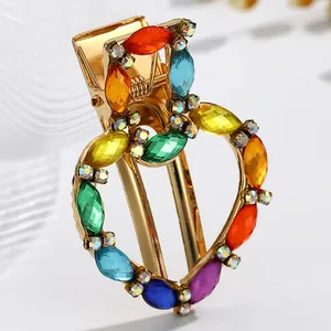 Boheems Kleurrijke Kristallen Hart Haarclip Goud Legering Strass Eendensnavel Clip Mode Haaraccessoires Voor Vrouwen