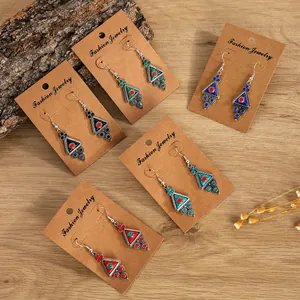 Five pairs of Bohemian geometric drop earrings with colorful stones and vintage alloy finish