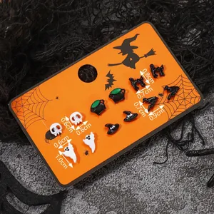 Set de 6 pares pendientes de Halloween fantasma calavera y sombrero de bruja en tarjeta