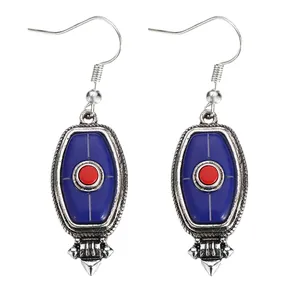 Bohemian retro alloy hook earrings with dark blue turquoise and red bead inlay