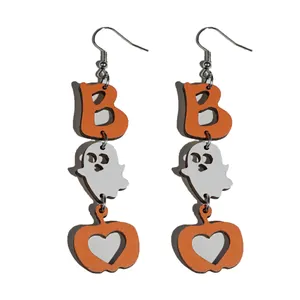 Halloween drop earrings with orange B letter white ghost and pumpkin charm pendants