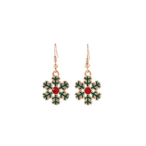 Pendientes de copo de nieve de Navidad con esmalte verde y cristal rojo dorado