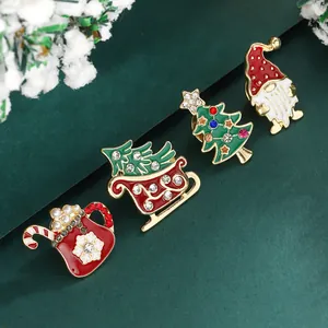 4Pcs Christmas Brooch Pin Set Alloy Rhinestone Christmas Tree Sleigh Gnome Mug Pins For Women Festive Jewelry Gift