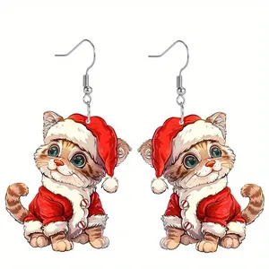 Weihnachtliche Ohrringe mit süßen Katzen im Weihnachtsmann-Outfit auf Acryl