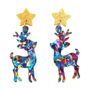 Funkelnde Acryl-Weihnachts-Rentier-Ohrringe mit goldenem Stern und bunten Pailletten
