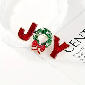 Broche de Noël Lettre JOY Couronne Émaillée Nœud Strass Épingle Alliage Costume Festif Épingle de Revers pour Femmes Cadeau de Noël