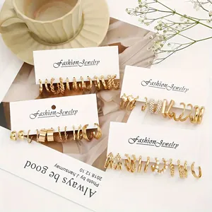 Vintage gold earring set with 24 pieces featuring geometric pearl and hoop designs