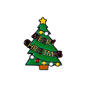 Cartoon Christmas tree enamel brooch with Merry Christmas text and colorful ornaments