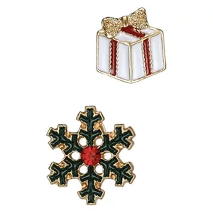 Christmas stud earrings set with white gift box and green snowflake designs in gold finish