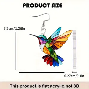 Detailed view of colorful acrylic hummingbird earrings with size measurements in inches and cm
