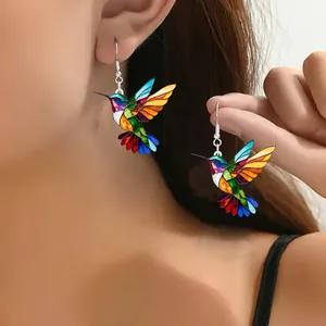 Vintage Colorful Acrylic Hummingbird Drop Earrings For Women Fashion Gradient Animal Bird Dangle Earrings With Stainless Steel Earring Post