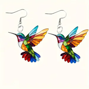 Colorful hummingbird acrylic drop earrings with retro artistic stained glass design