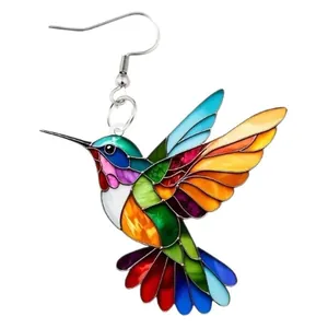 Colorful hummingbird acrylic drop earrings with vibrant multi-color patterns for women