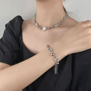 Set Collana e Bracciale in Acciaio Inossidabile Minimalista Moderno Con Pietra Occhio di Gatto Per Donna Gioielli