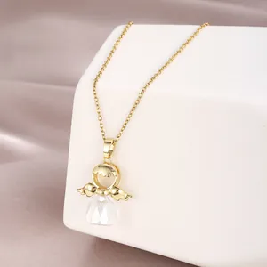 Luxurious gold titanium steel necklace featuring a crystal angel wings pendant