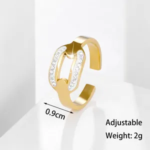 Detail view of adjustable 18K gold plated ring with white zircon rows, 0.9cm width