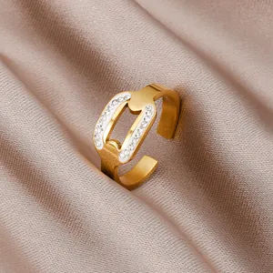 18K gold plated open ring with white enamel geometric design and zircon accents