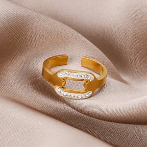 18K gold plated open chain ring with sparkling micro-pave zircons on champagne satin