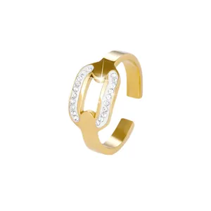 18K gold plated open ring with double-layer U-shaped design and sparkling zircon pavé
