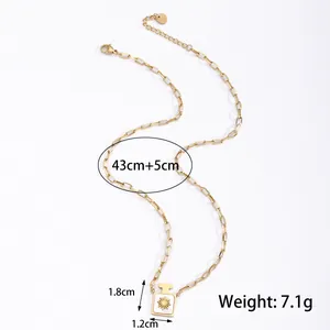 Gold perfume bottle pendant necklace with shell inlay sunburst and paperclip chain link