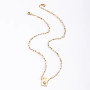 Gold rectangular perfume bottle pendant necklace with shell inlay and paperclip chain