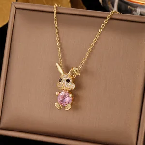 Cute gold-plated rabbit necklace with pink crystal and white zircon stones for women