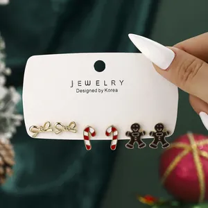 Juego de Pendientes de Botón de Navidad Aleación de Zinc Esmalte Lazo Bastón de Caramelo Hombre de Jengibre Joyería Festiva Mujer Regalo Fiesta