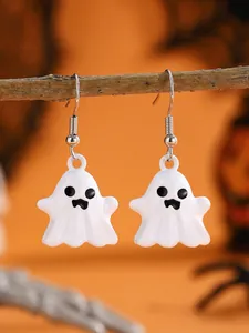 Detailed close-up of 3D ghost earrings hanging on a branch for Halloween decoration