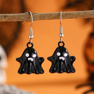 Ghost earrings with black enamel and silver hooks for Halloween party jewelry