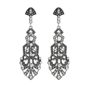 Retro antique silver water drop earrings with sparkling rhinestones and long tassel design