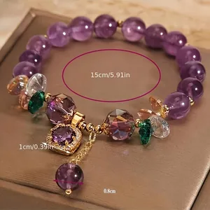 Bracciale da donna con perline di cristallo viola, ciondolo in zirconia e catena dorata