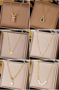 Collage showing various gold-plated stainless steel necklaces with emerald and pearl pendants