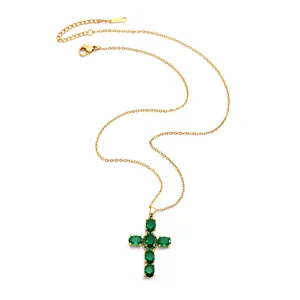 Gold stainless steel cross necklace with emerald green oval zircon stones for women