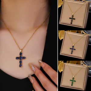 Western Style Stainless Steel Necklace Zircon Inlaid Cross Pendant Necklace Classic Elegant Women Jewelry Necklace For Daily Banquet
