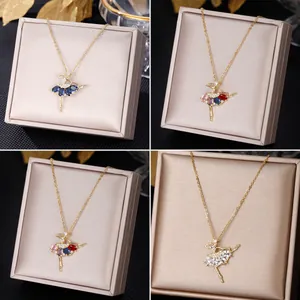 Elegante Ballerina Tänzerin Halskette Edelstahl Vergoldet Mit Bunten Zirkonia Eingelegt Schlüsselbein Kette Schmuck Geschenk
