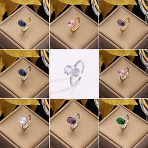 Vintage Luxury Oval Zirconia Copper Open Ring For Women Adjustable Gold Silver Plated Blue Pink Green Purple Finger Ring Jewelry