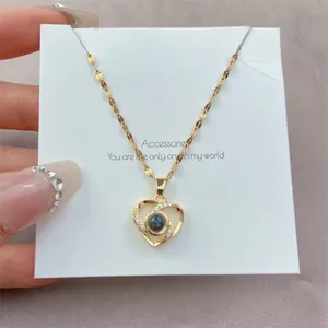 Stainless Steel Chain Copper Zirconia Projection Necklace For Women 100 Languages I Love You Heart Moon Star Jewelry