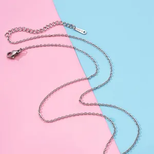Close-up of a slim stainless steel chain with a lobster clasp and S.Steel tag detail